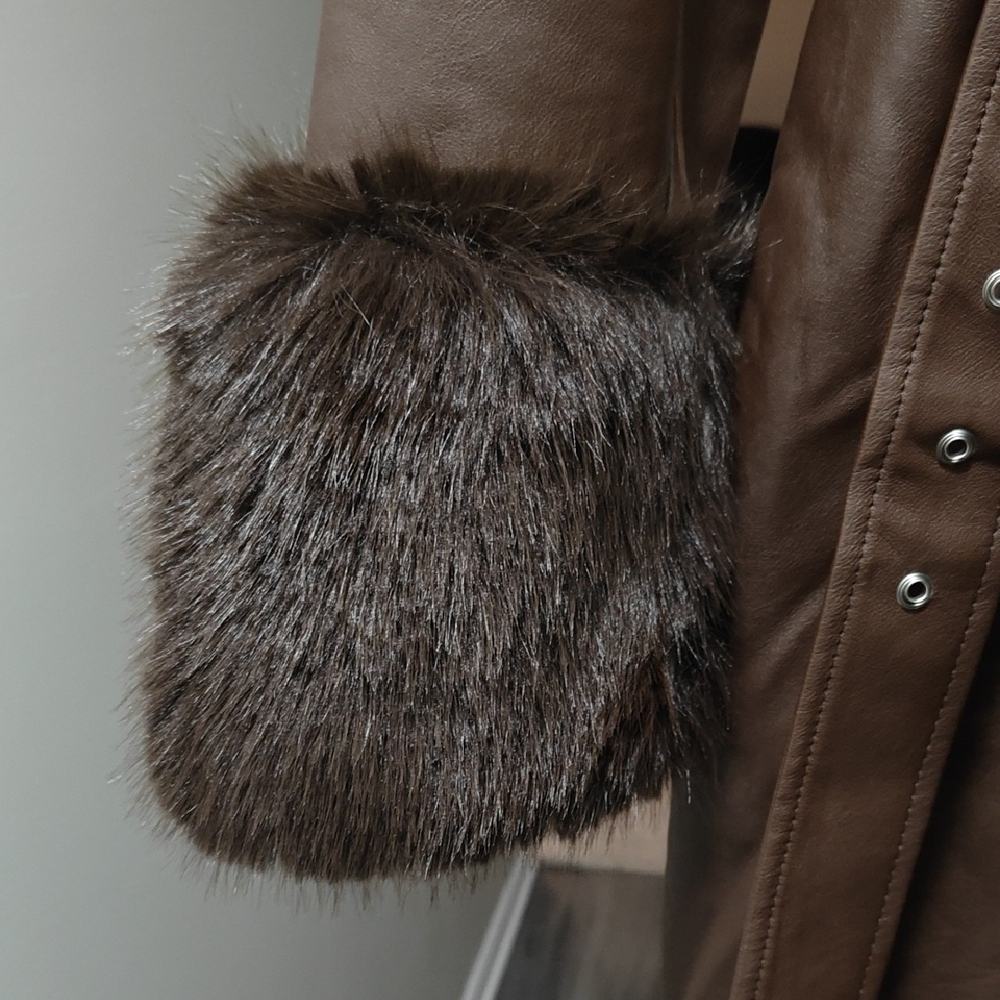 Akira Chocolate Brown Faux Leather Jacket with Faux Fur Trim - Picture 4 of 9